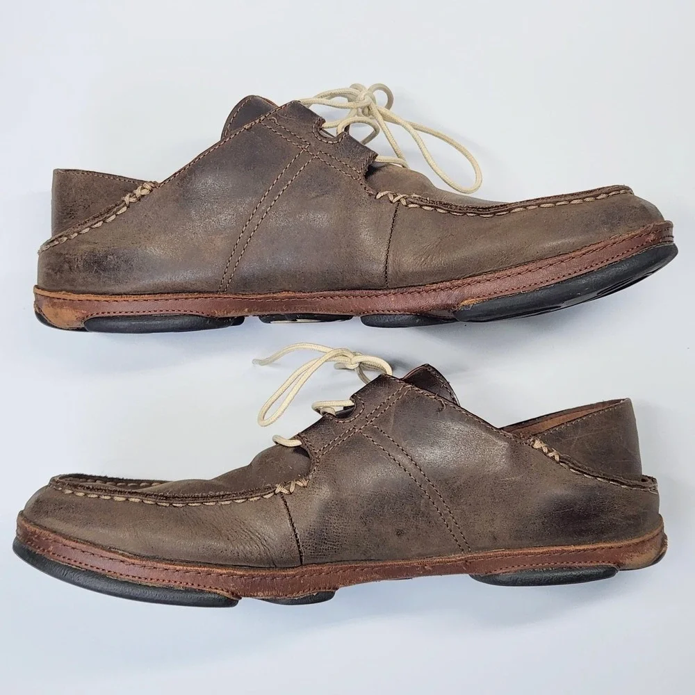 OluKai Ohana Lace Up Nubuck Shoes Mens Size 11.5 Brown Leather Moccasins Comfort